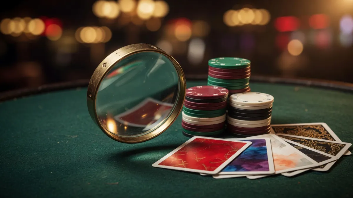 Loupe au-dessus d'une table de casino et jetons – vérification des conditions